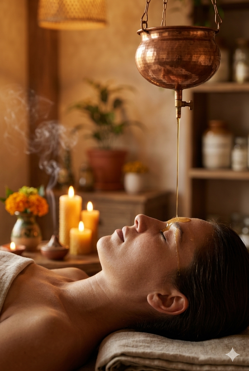 An ai generated image of Close-up side profile of a person lying peacefully on an Ayurvedic treatment table with warm herbal oil pouring in a thin stream onto their forehead from a suspended copper vessel.
